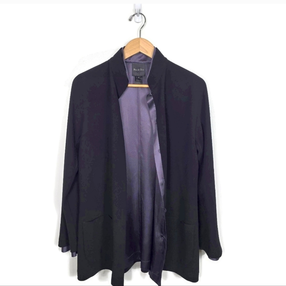 Blanc De Chine Silk Lined Crepe Hook Front Drapey Jacket Black Lavender 12